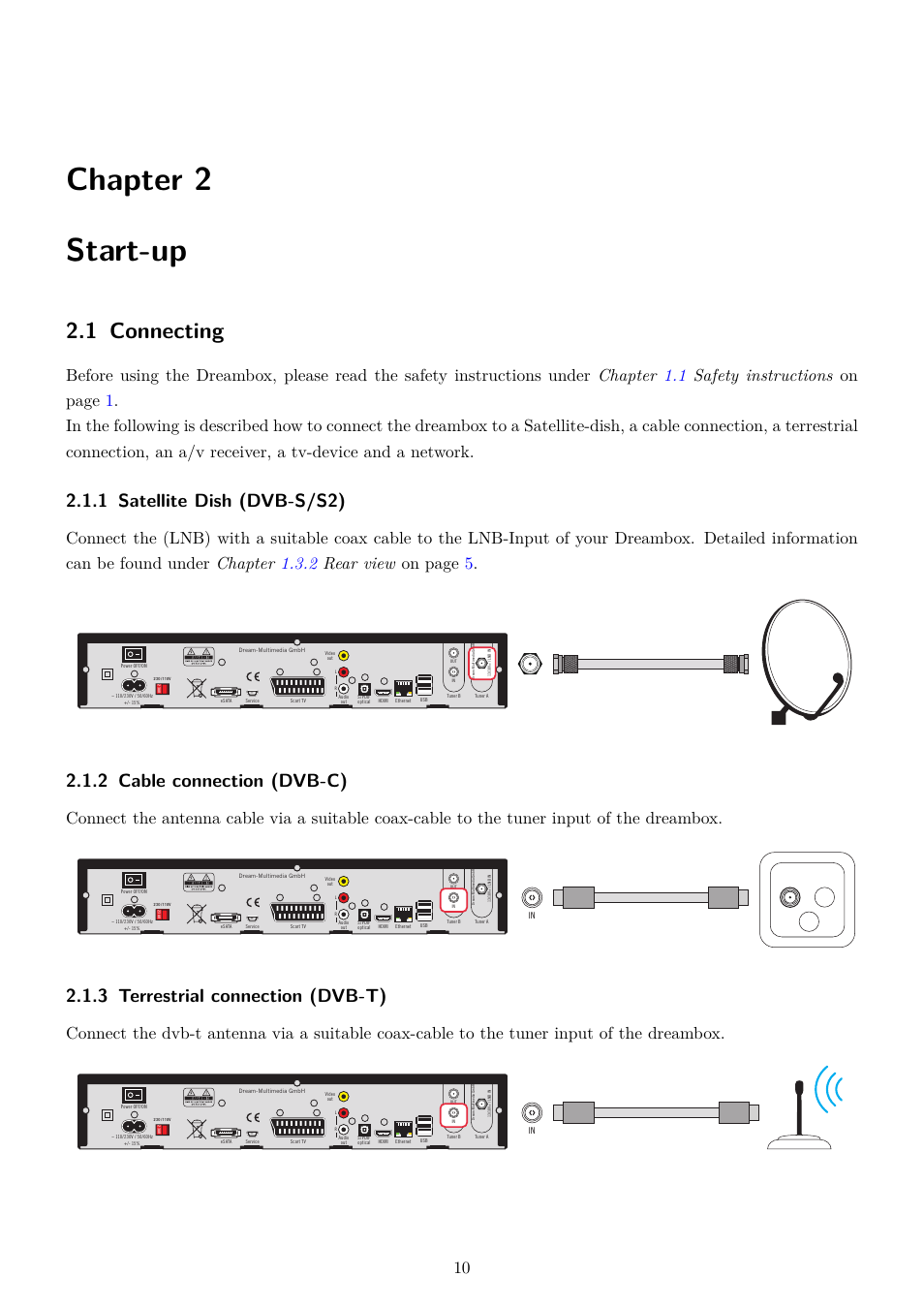 2 start-up, 1 connecting, 1 satellite dish (dvb-s/s2) | 2 cable connection (dvb-c), 3 terrestrial connection (dvb-t), Chapter 2 start-up | Dream Property DM7020 HD User Manual | Page 15 / 94