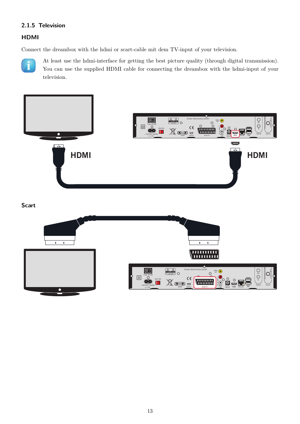 5 television, Hdmi, 5 television hdmi | Scart | Dream Property DM7020 HD User Manual | Page 18 / 94
