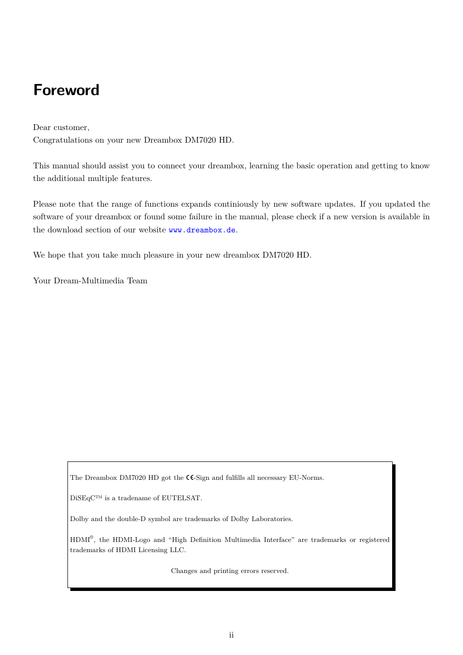 Foreword | Dream Property DM7020 HD User Manual | Page 2 / 94