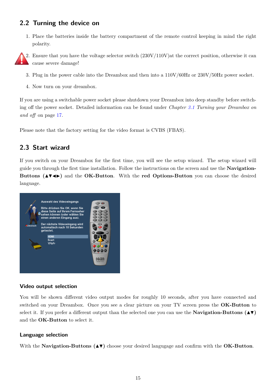 2 turning the device on, 3 start wizard | Dream Property DM7020 HD User Manual | Page 20 / 94