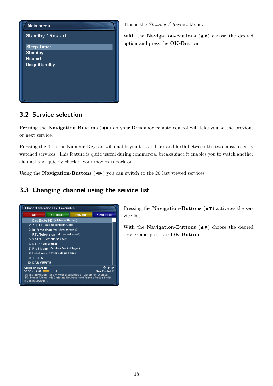 2 service selection, 3 changing channel using the service list | Dream Property DM7020 HD User Manual | Page 23 / 94