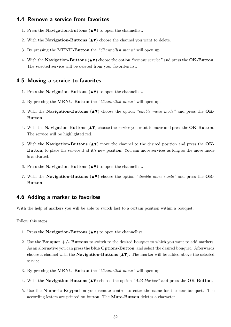 4 remove a service from favorites, 5 moving a service to favorites, 6 adding a marker to favorites | Dream Property DM7020 HD User Manual | Page 37 / 94