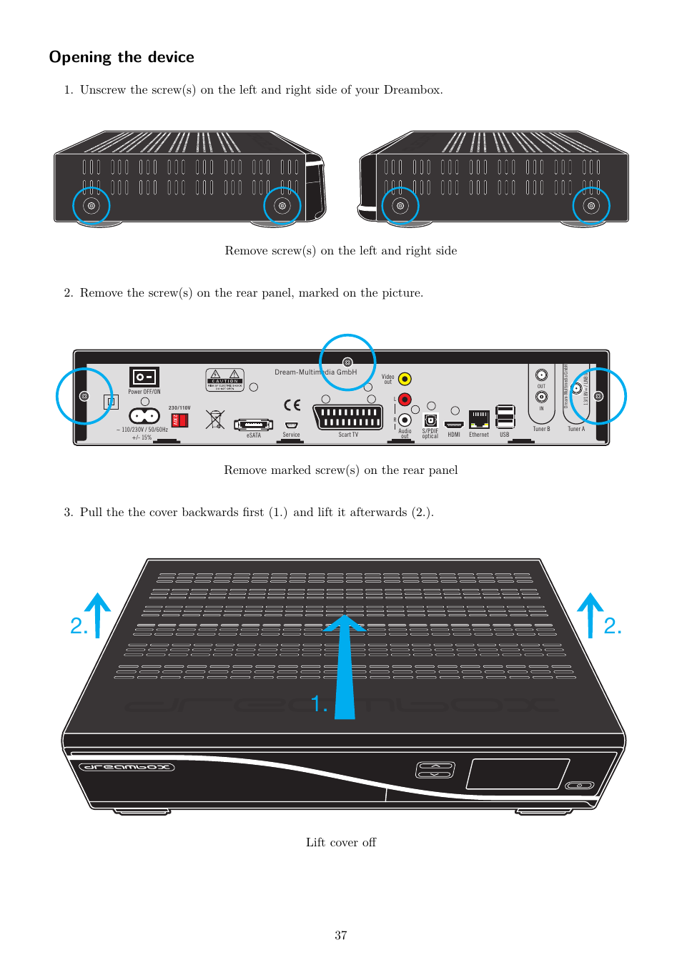Opening the device, Lift cover off 37 | Dream Property DM7020 HD User Manual | Page 42 / 94
