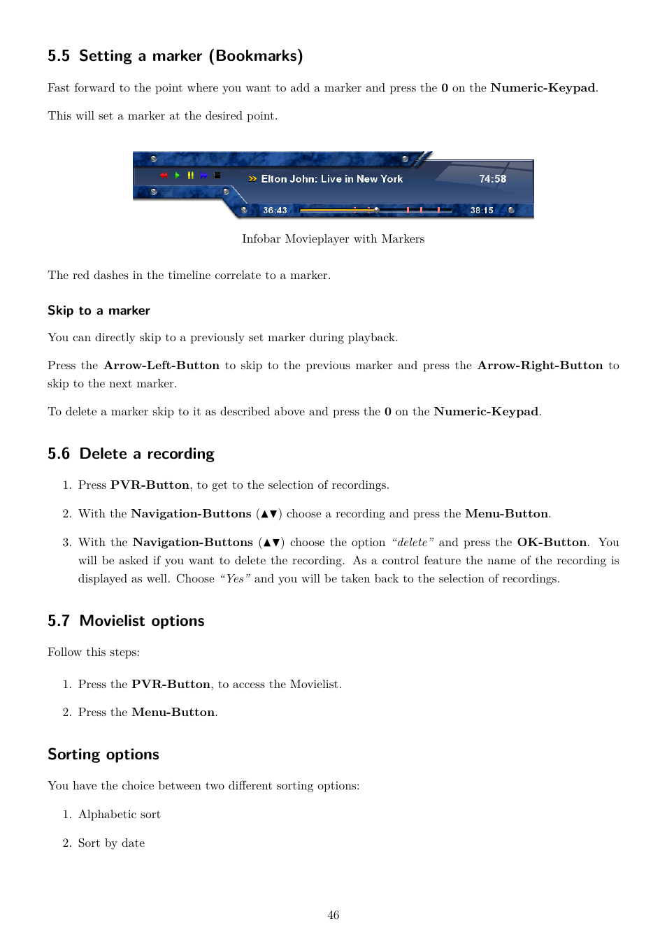 5 setting a marker (bookmarks), 6 delete a recording, 7 movielist options | Sorting options | Dream Property DM7020 HD User Manual | Page 51 / 94