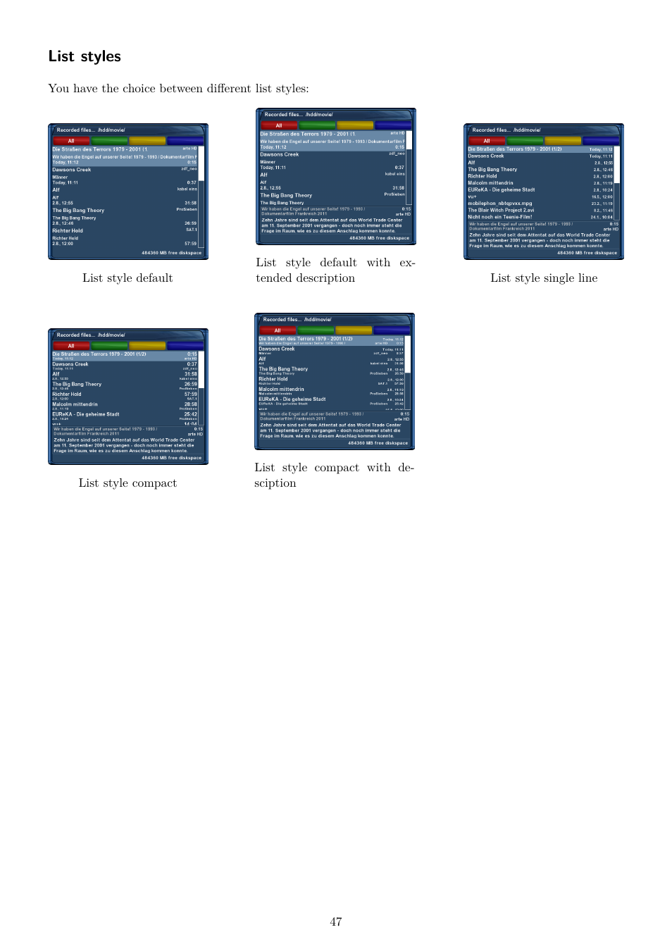 List styles | Dream Property DM7020 HD User Manual | Page 52 / 94
