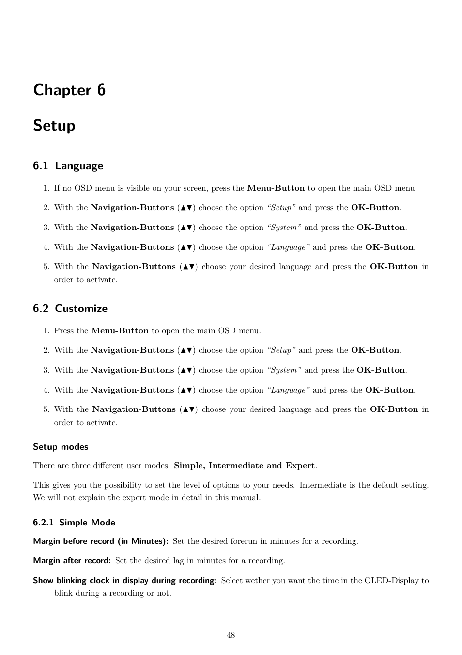 6 setup, 1 language, 2 customize | 1 simple mode, Chapter, Chapter 6 setup | Dream Property DM7020 HD User Manual | Page 53 / 94