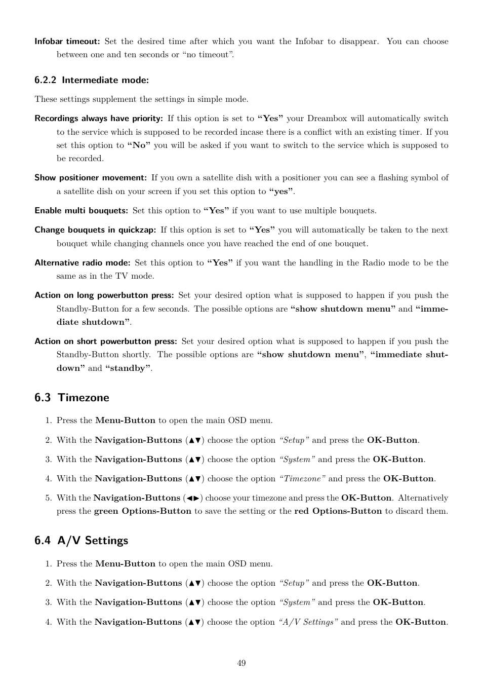 2 intermediate mode, 3 timezone, 4 a/v settings | Dream Property DM7020 HD User Manual | Page 54 / 94