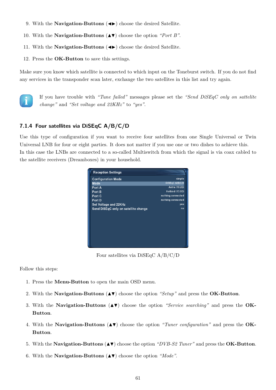 4 four satellites via diseqc a/b/c/d | Dream Property DM7020 HD User Manual | Page 66 / 94
