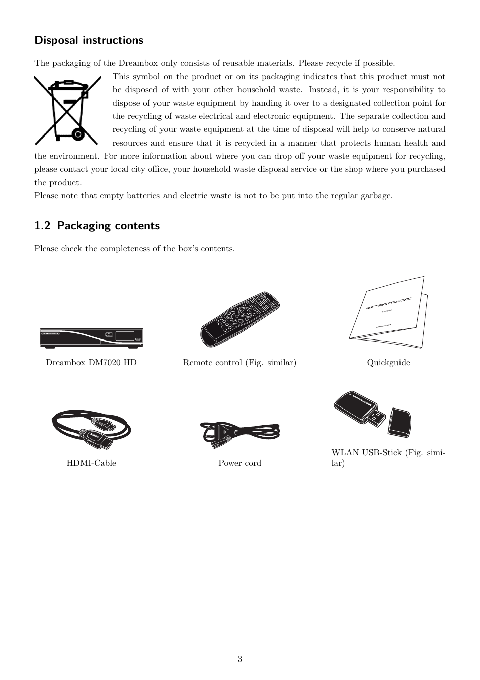 2 packaging contents, Disposal instructions | Dream Property DM7020 HD User Manual | Page 8 / 94