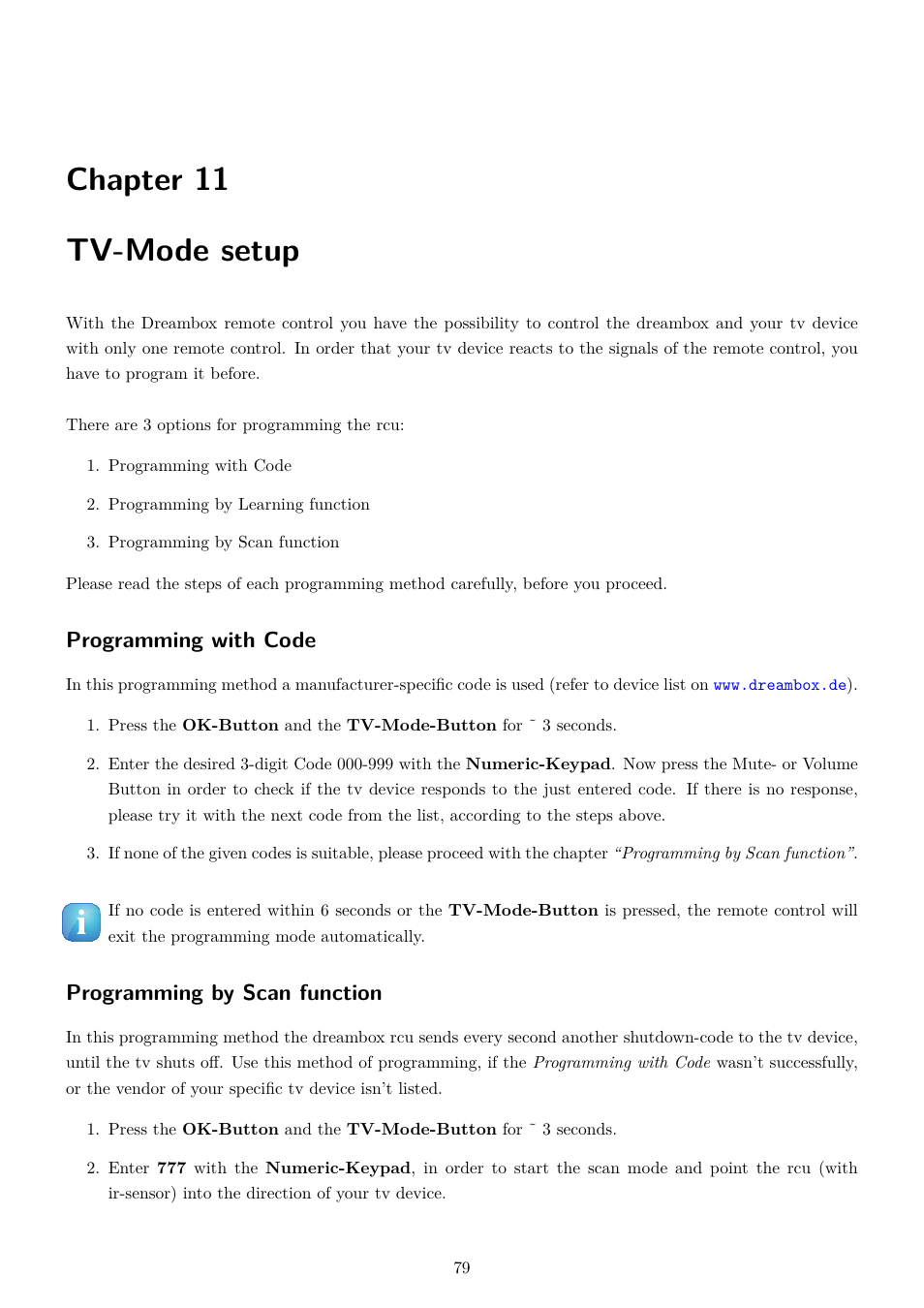 11 tv-mode setup, Chapter 11 tv-mode setup, Programming with code | Programming by scan function | Dream Property DM7020 HD User Manual | Page 84 / 94
