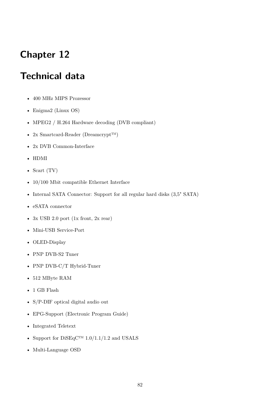 12 technical data, Chapter 12 technical data | Dream Property DM7020 HD User Manual | Page 87 / 94