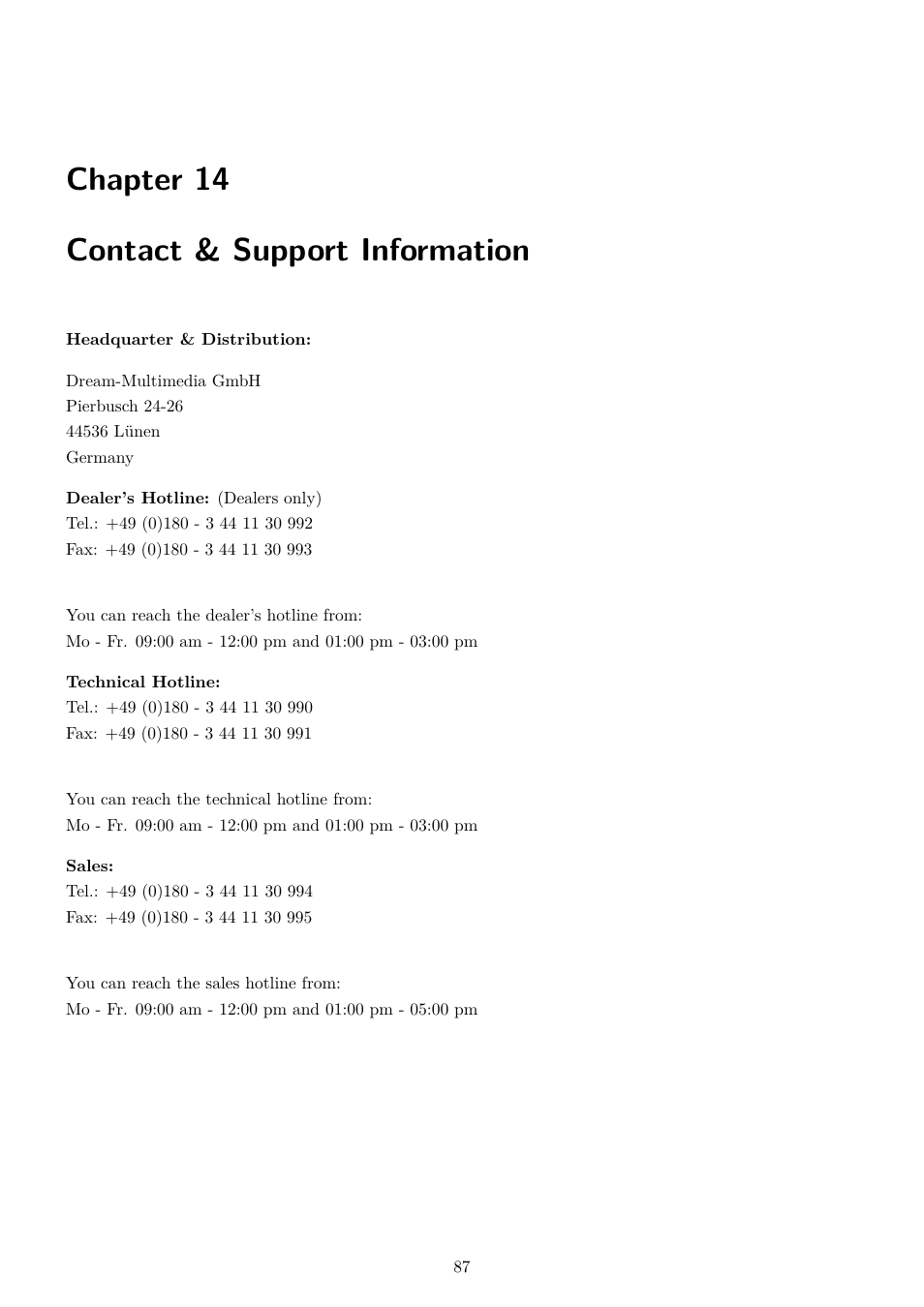 14 contact & support information, Chapter 14 contact & support information | Dream Property DM7020 HD User Manual | Page 92 / 94