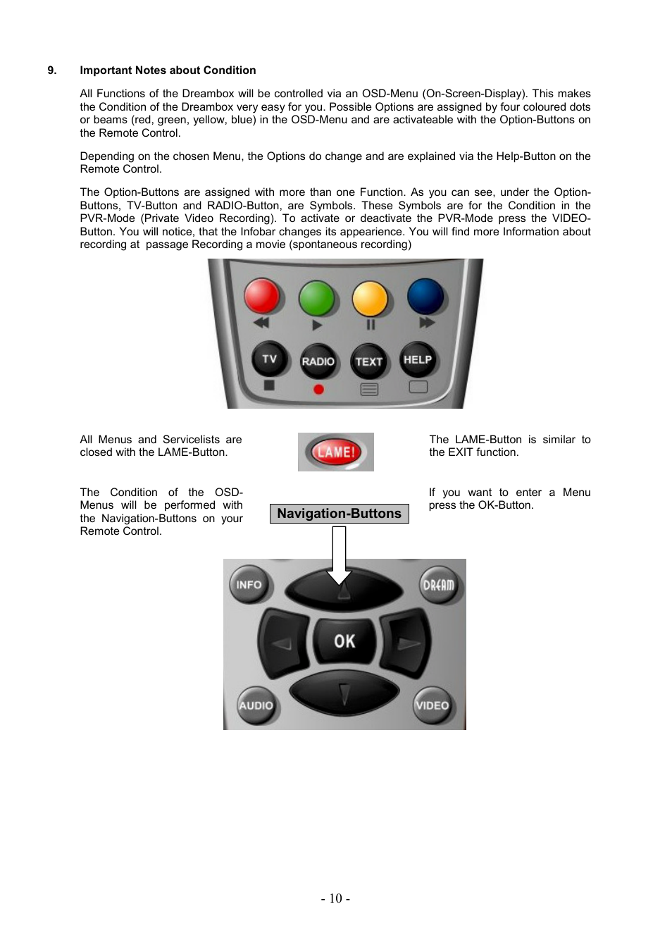 Important notes about condition, Navigation-buttons | Dream Property DM7000 User Manual | Page 10 / 73