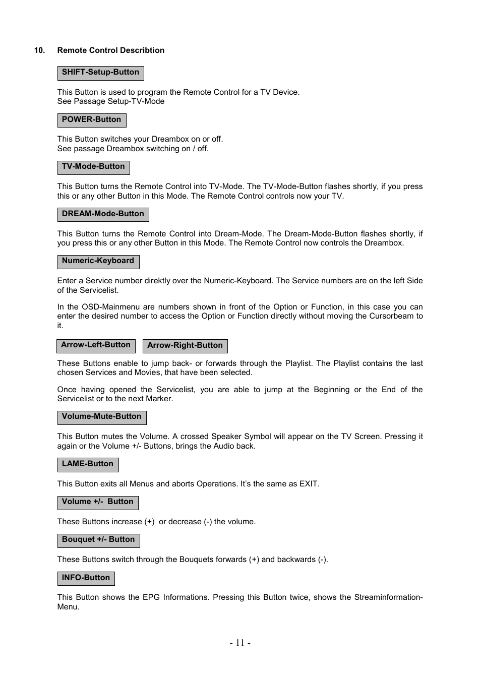 Remote control describtion | Dream Property DM7000 User Manual | Page 11 / 73