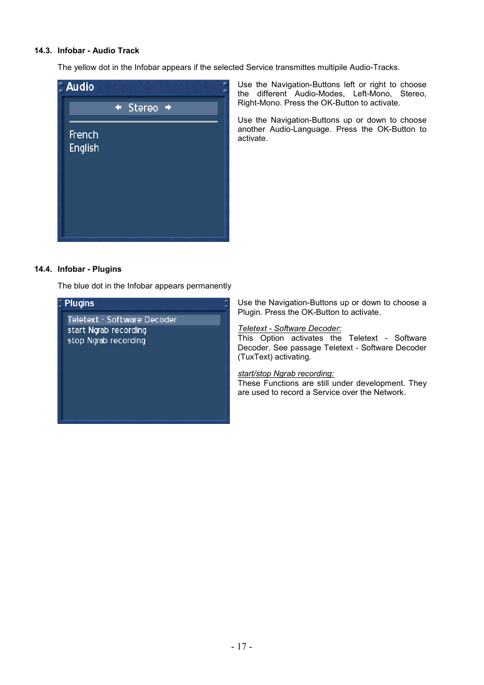 Infobar - audio track, Infobar - plugins | Dream Property DM7000 User Manual | Page 17 / 73