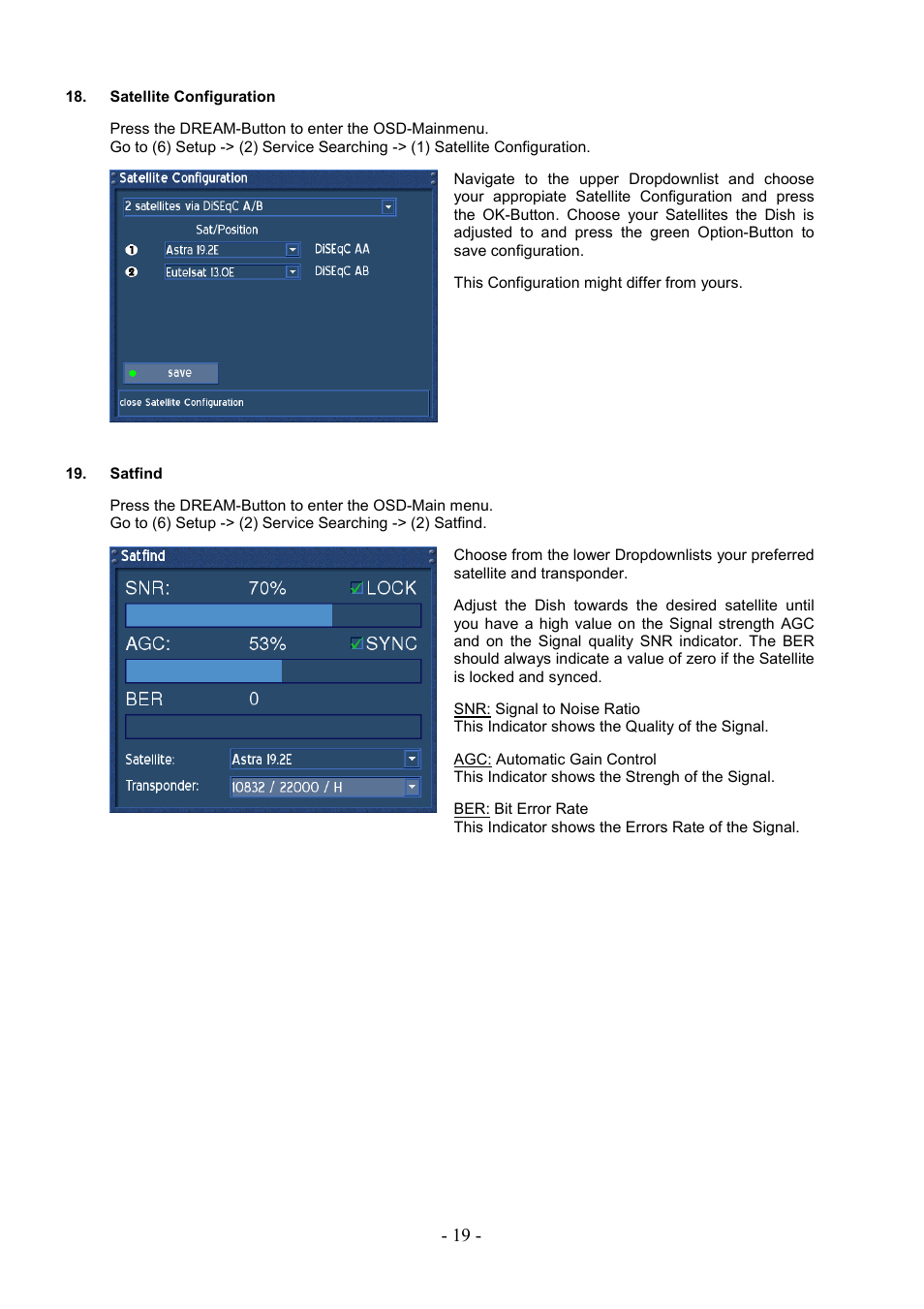 Satellite configuration, Satfind | Dream Property DM7000 User Manual | Page 19 / 73