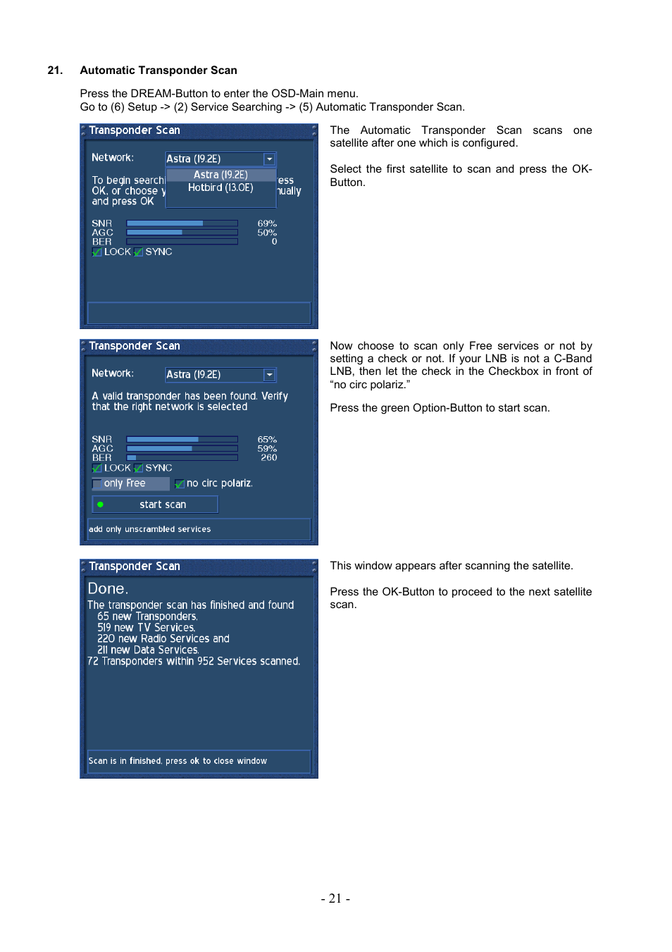 Automatic transponder scan | Dream Property DM7000 User Manual | Page 21 / 73