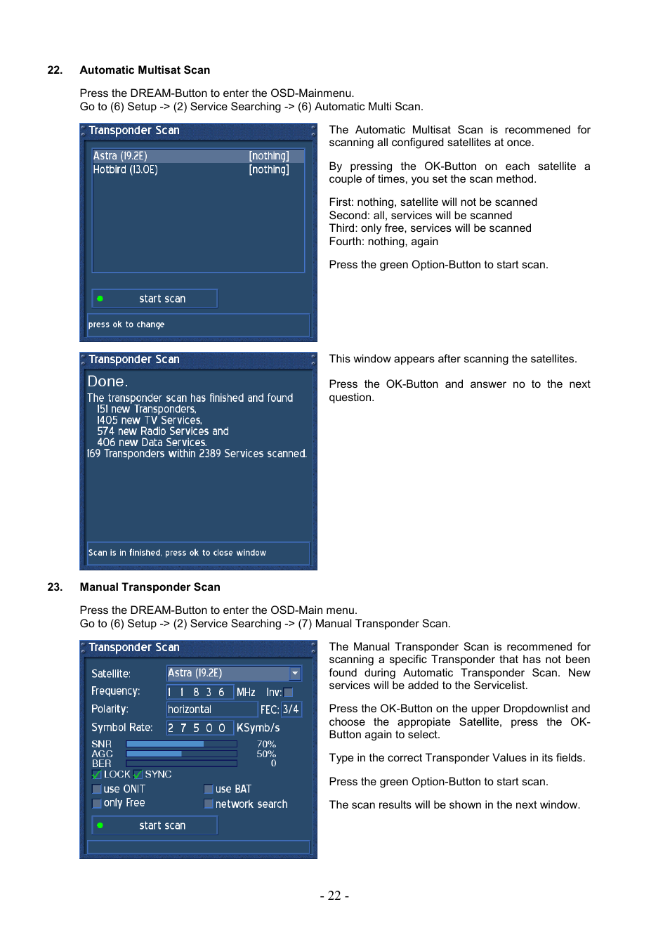 Automatic multisat scan, Manual transponder scan | Dream Property DM7000 User Manual | Page 22 / 73