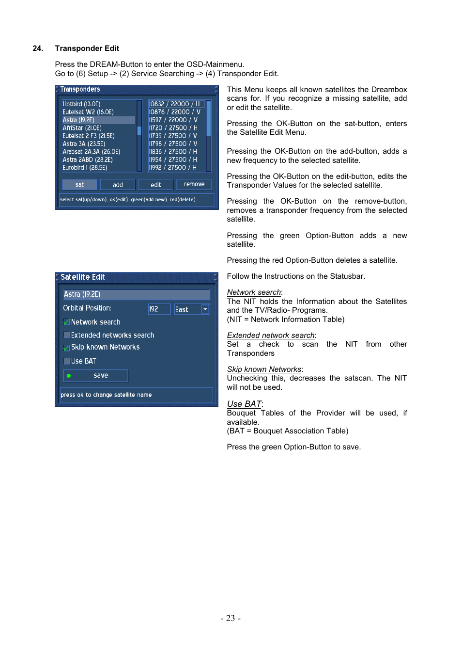 Transponder edit | Dream Property DM7000 User Manual | Page 23 / 73