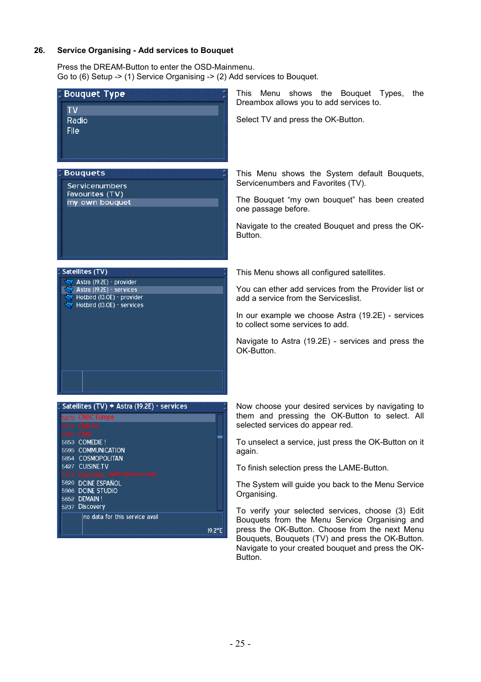 Service organising - add services to bouquet | Dream Property DM7000 User Manual | Page 25 / 73