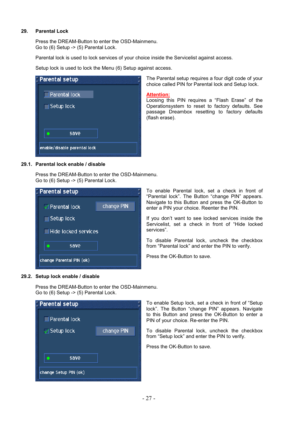 Parental lock, Parental lock enable / disable, Setup lock enable / disable | Dream Property DM7000 User Manual | Page 27 / 73