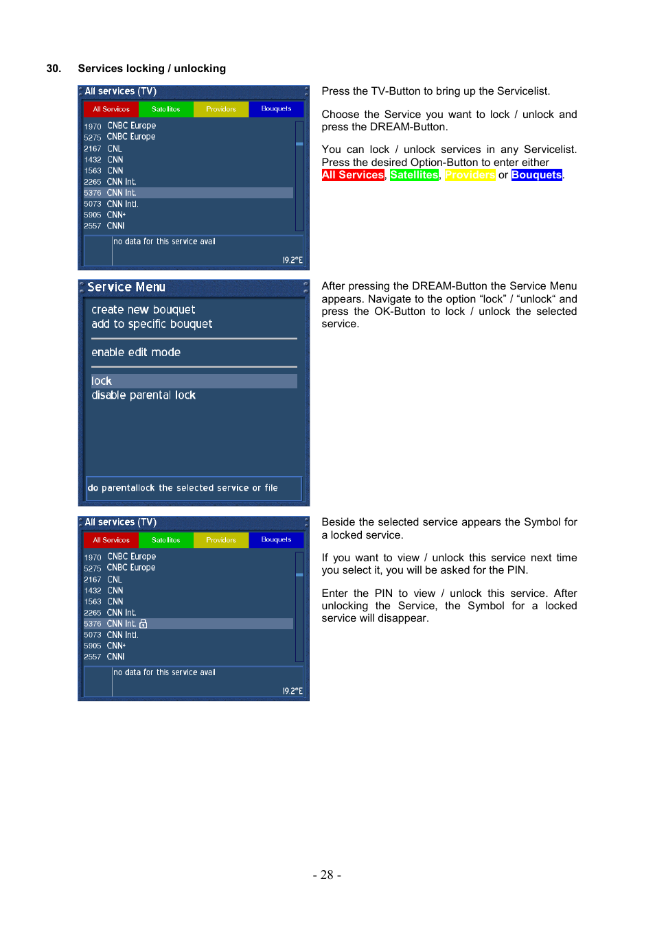 Services locking / unlocking | Dream Property DM7000 User Manual | Page 28 / 73