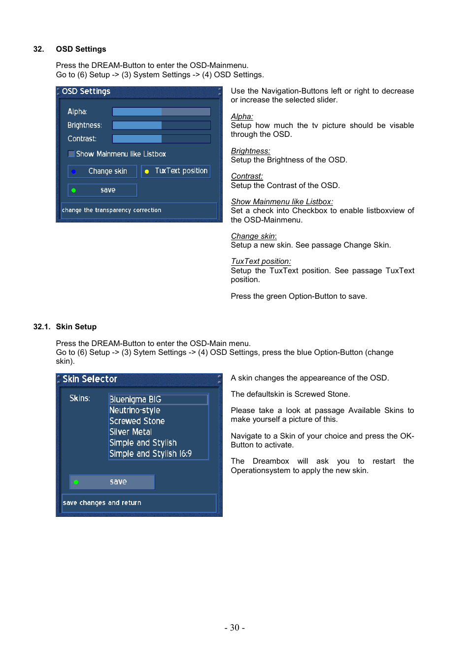 Osd settings, Skin setup | Dream Property DM7000 User Manual | Page 30 / 73