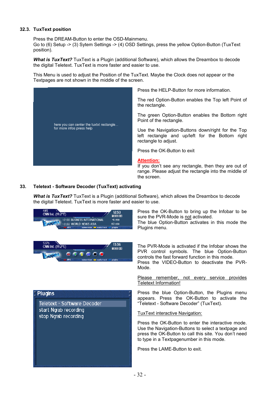 Tuxtext position, Teletext - software decoder (tuxtext) activating | Dream Property DM7000 User Manual | Page 32 / 73