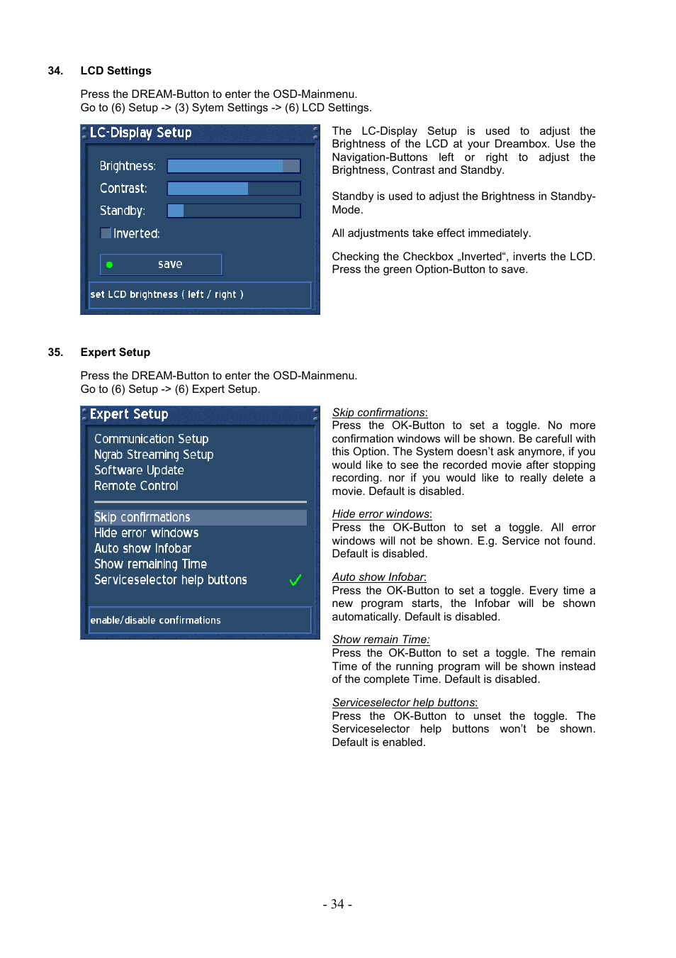 Lcd settings, Expert setup | Dream Property DM7000 User Manual | Page 34 / 73