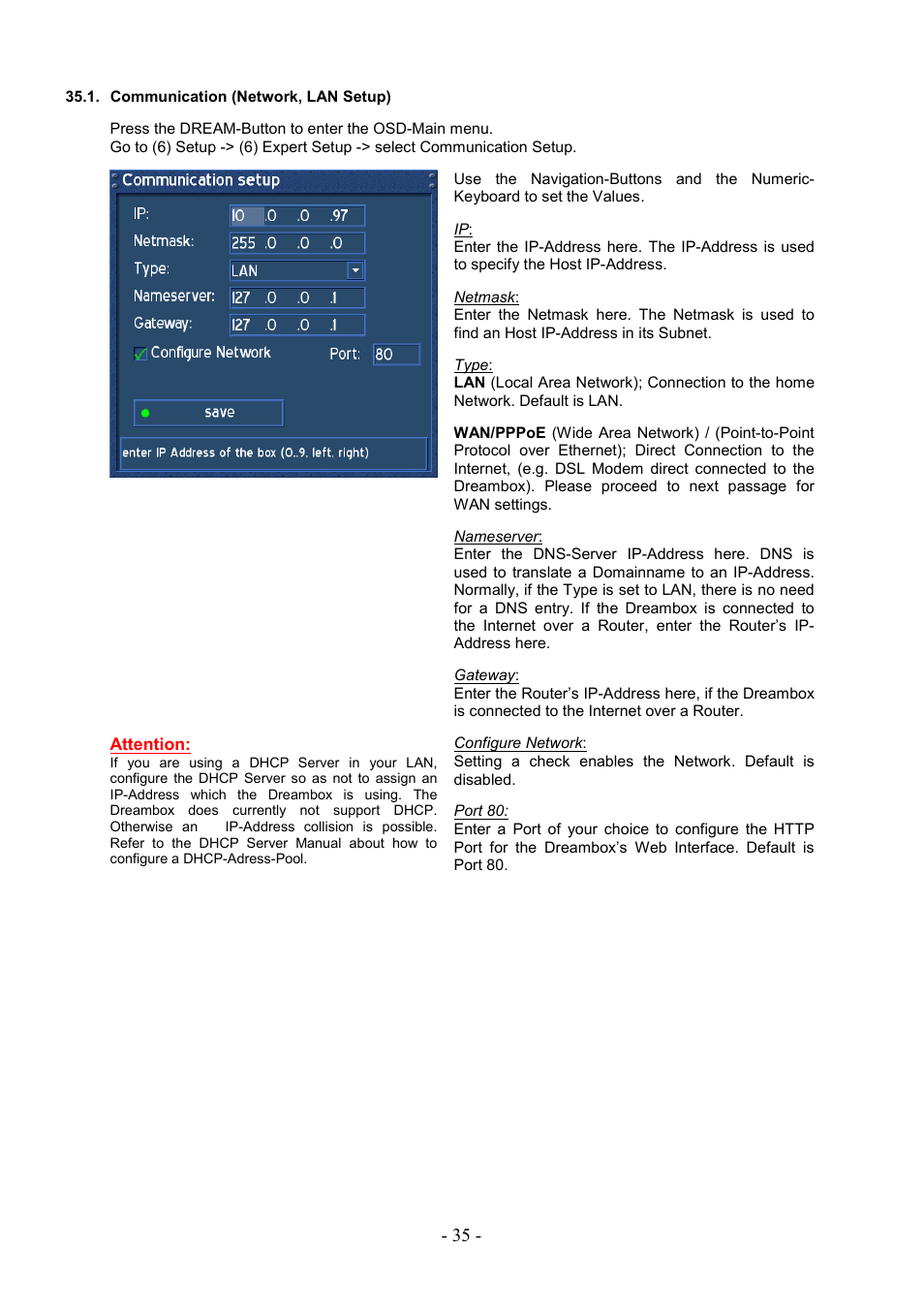 Communication (network, lan setup) | Dream Property DM7000 User Manual | Page 35 / 73