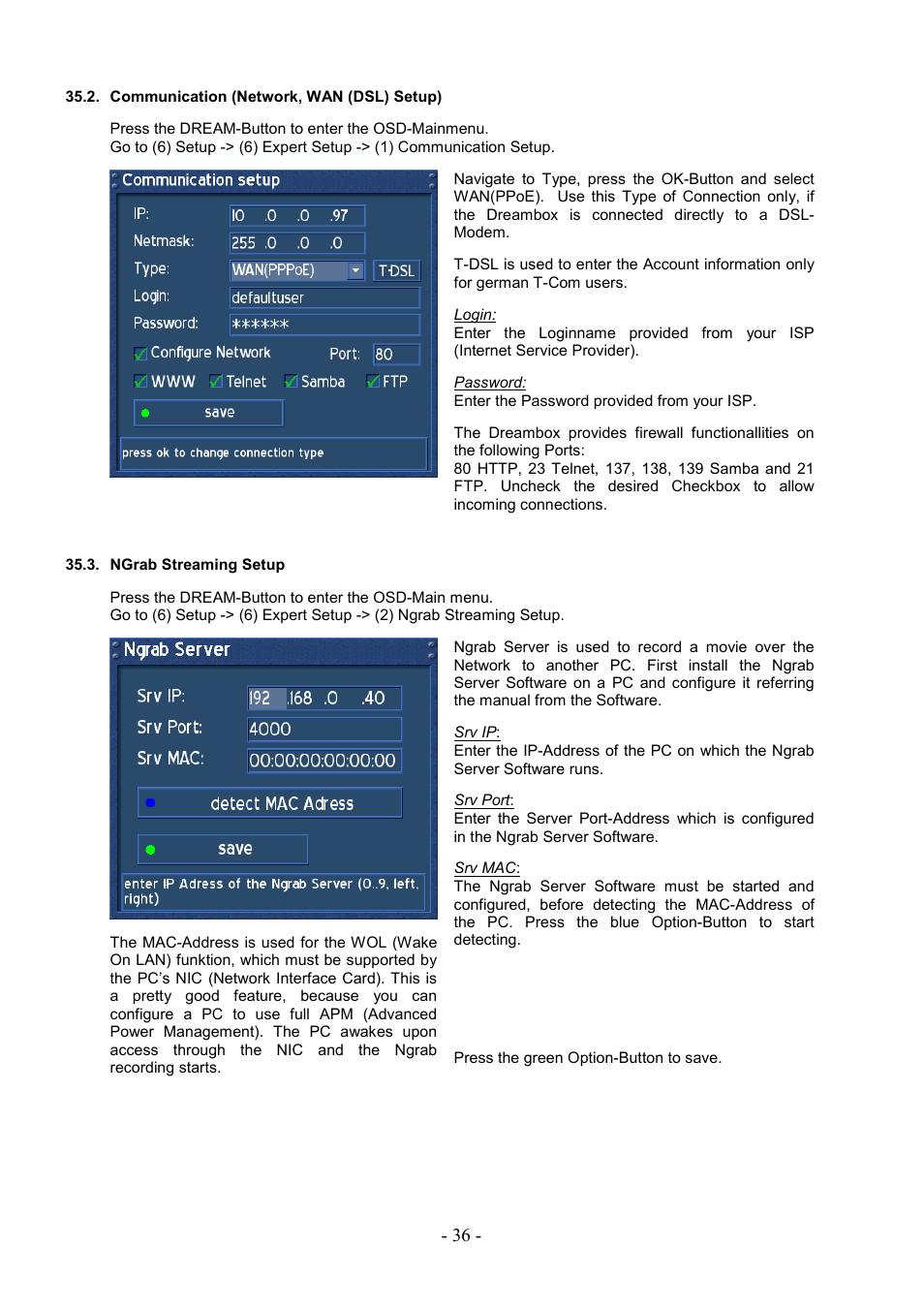 Communication (network, wan (dsl) setup), Ngrab streaming setup | Dream Property DM7000 User Manual | Page 36 / 73