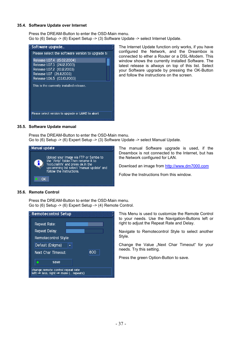 Software update over internet, Software update manual, Remote control | Dream Property DM7000 User Manual | Page 37 / 73
