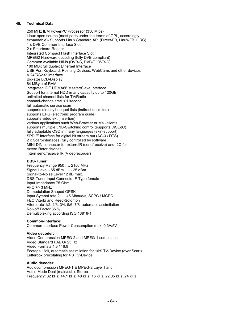 Technical data | Dream Property DM7000 User Manual | Page 64 / 73