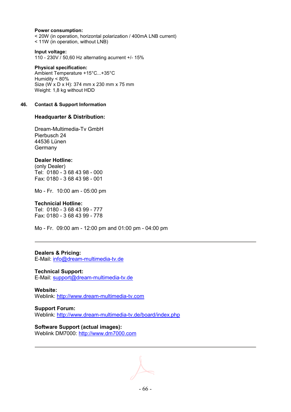 Contact & support information | Dream Property DM7000 User Manual | Page 66 / 73