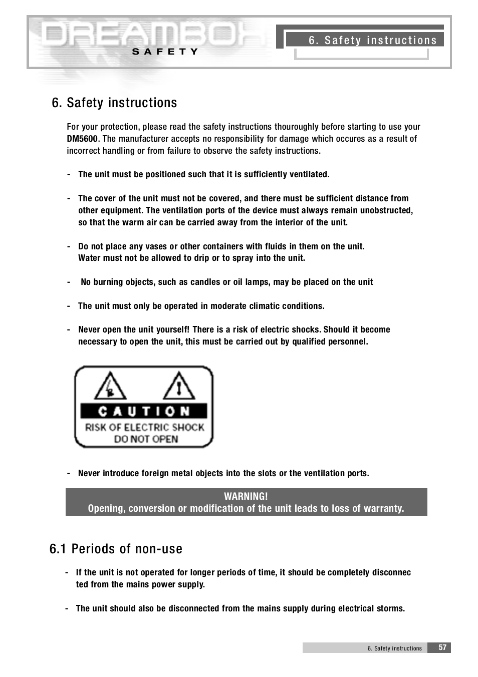 6 . 1 periods of non-use, 6 . safety instructions | Dream Property DM5600 User Manual | Page 10 / 45