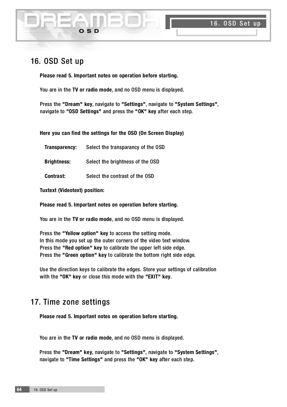 1 6 . osd set up, 1 7 . time zone settings | Dream Property DM5600 User Manual | Page 17 / 45