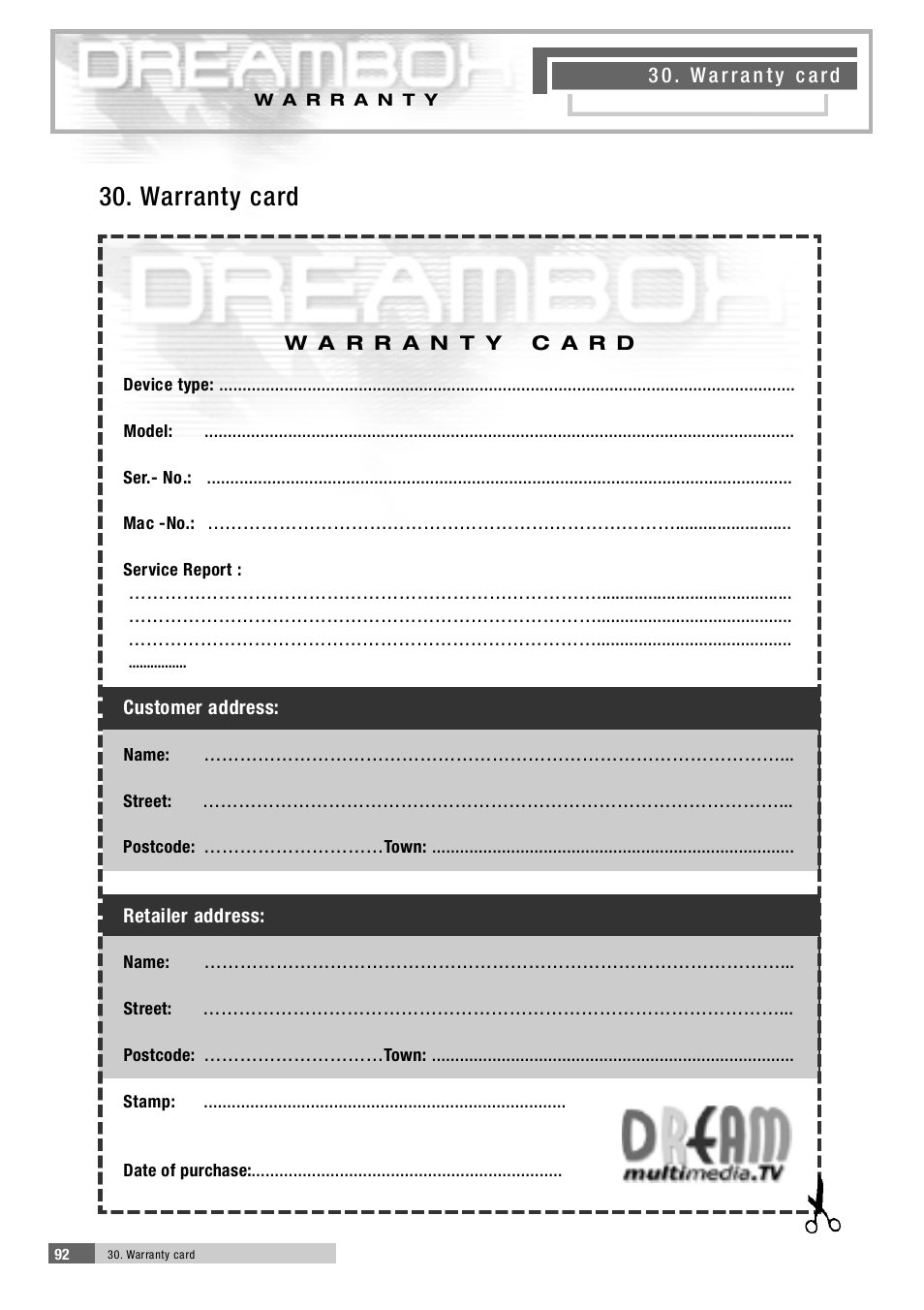 3 0 . wa r ranty card | Dream Property DM5600 User Manual | Page 45 / 45