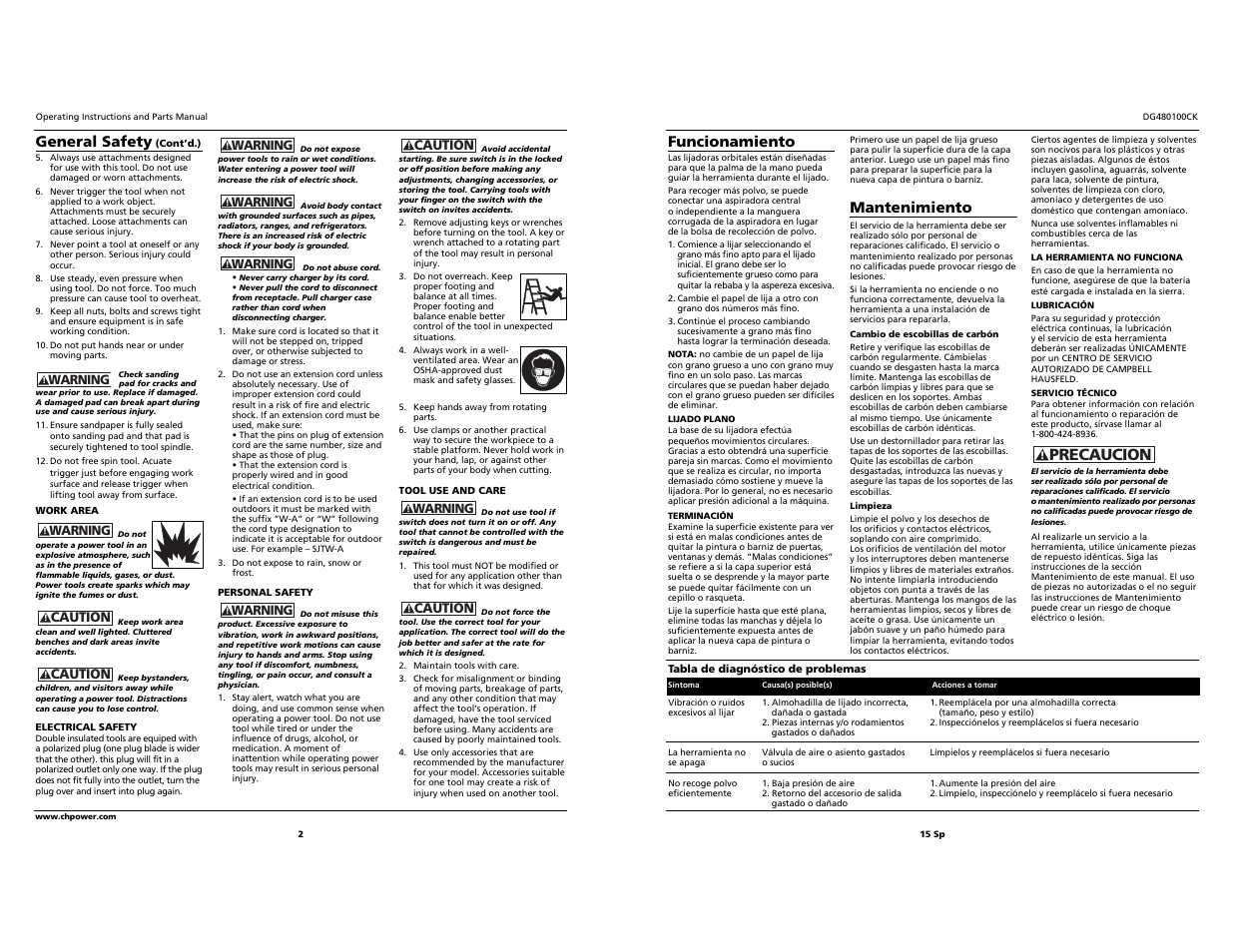 Precaucion, Funcionamiento, Mantenimiento | General safety | Campbell Hausfeld DG480100CK User Manual | Page 2 / 8