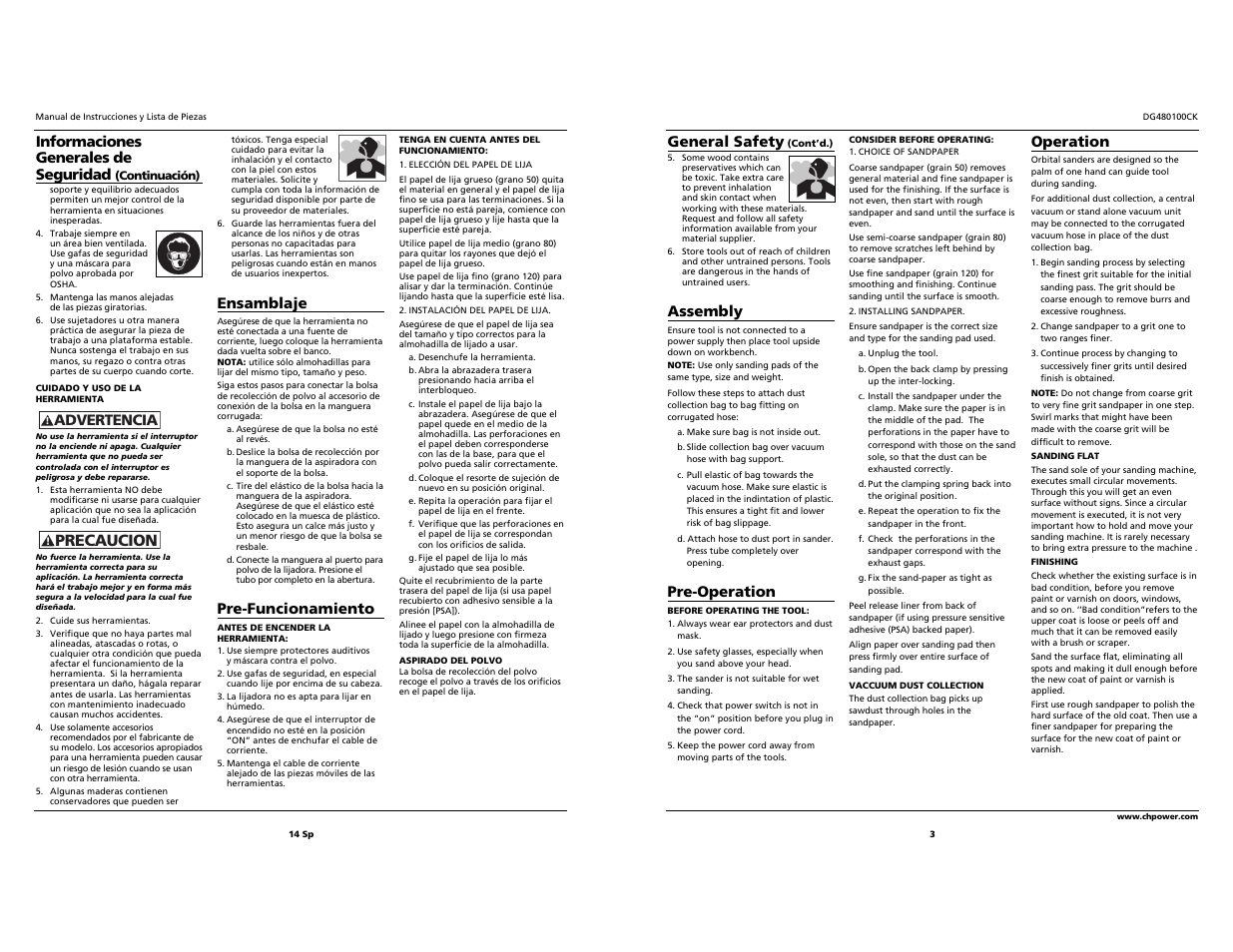 Precaucion, Informaciones generales de seguridad, Advertencia | Ensamblaje, Pre-funcionamiento, General safety, Assembly, Pre-operation, Operation | Campbell Hausfeld DG480100CK User Manual | Page 3 / 8