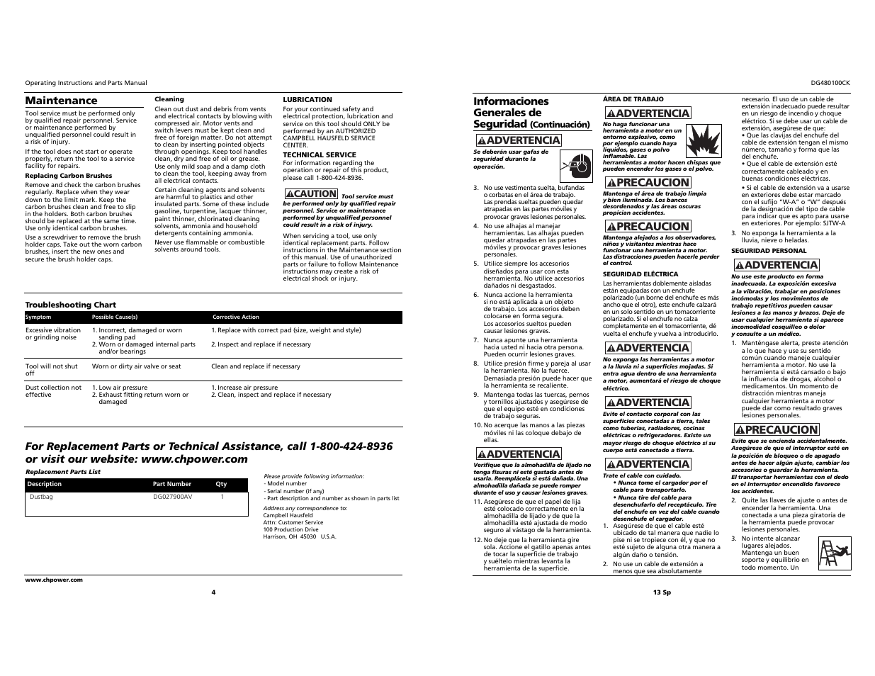 Precaucion, Informaciones generales de seguridad, Advertencia | Maintenance | Campbell Hausfeld DG480100CK User Manual | Page 4 / 8