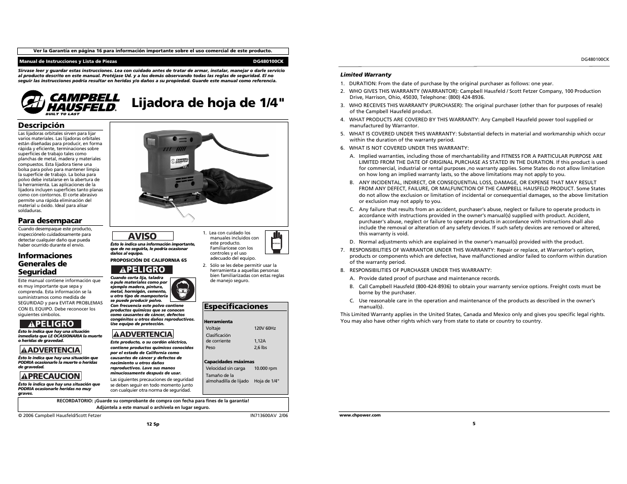 Lijadora de hoja de 1/4, Aviso, Peligro | Precaucion | Campbell Hausfeld DG480100CK User Manual | Page 5 / 8