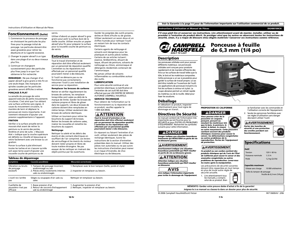 Ponceuse à feuille de 6,3 mm (1/4 po), Attention, Avis | Danger, Entretien, Fonctionnement, Description, Déballage, Directives de sécurité, Specifications | Campbell Hausfeld DG480100CK User Manual | Page 7 / 8