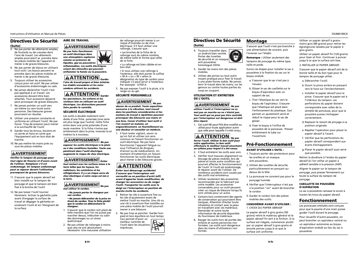 Attention, Directives de sécurité, Montage | Pré-fonctionnement, Fonctionnement | Campbell Hausfeld DG480100CK User Manual | Page 8 / 8