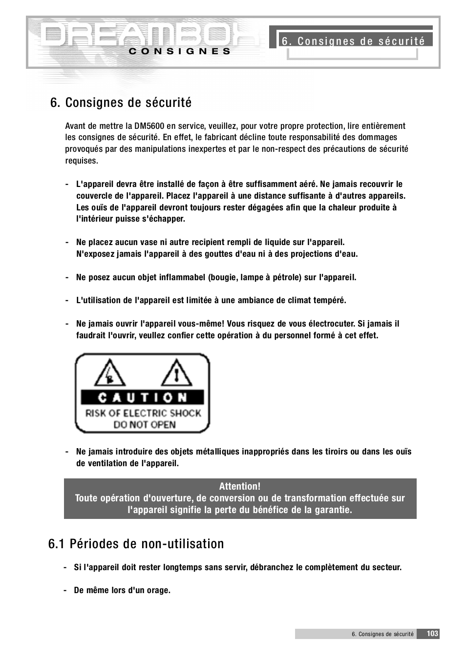 6 . 1 périodes de non-utilisation, 6 . consignes de sécurité | Dream Property DM5600 User Manual | Page 102 / 137