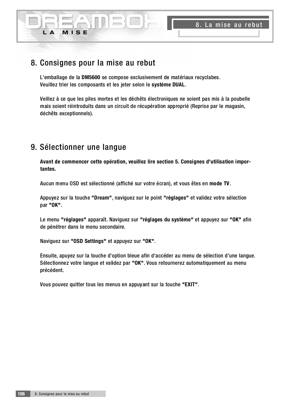 8 . consignes pour la mise au re b u t, 9 . sélectionner une langue | Dream Property DM5600 User Manual | Page 105 / 137