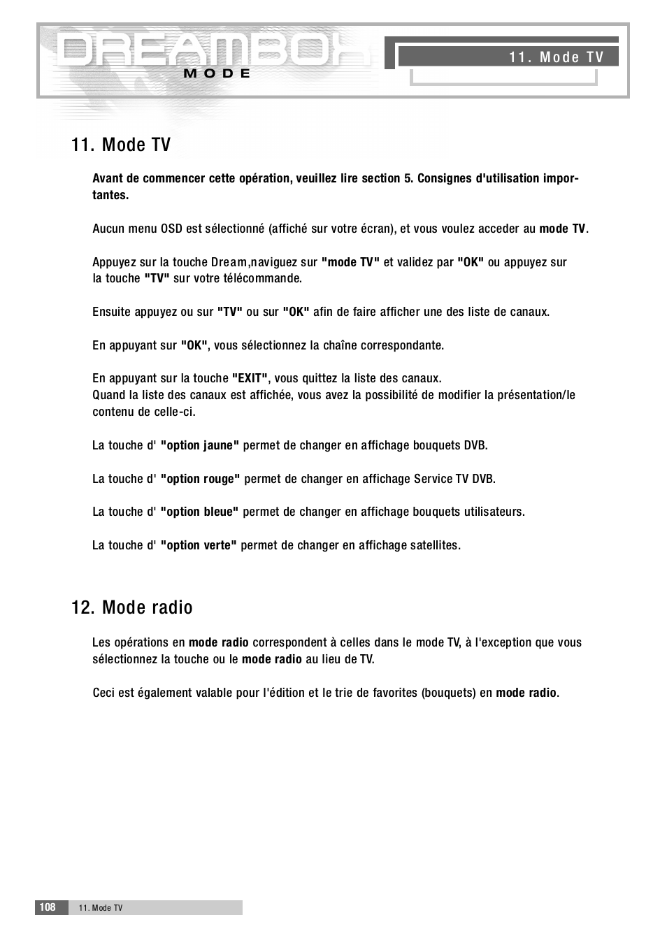 1 1 . mode t v, 1 2 . mode ra d i o | Dream Property DM5600 User Manual | Page 107 / 137