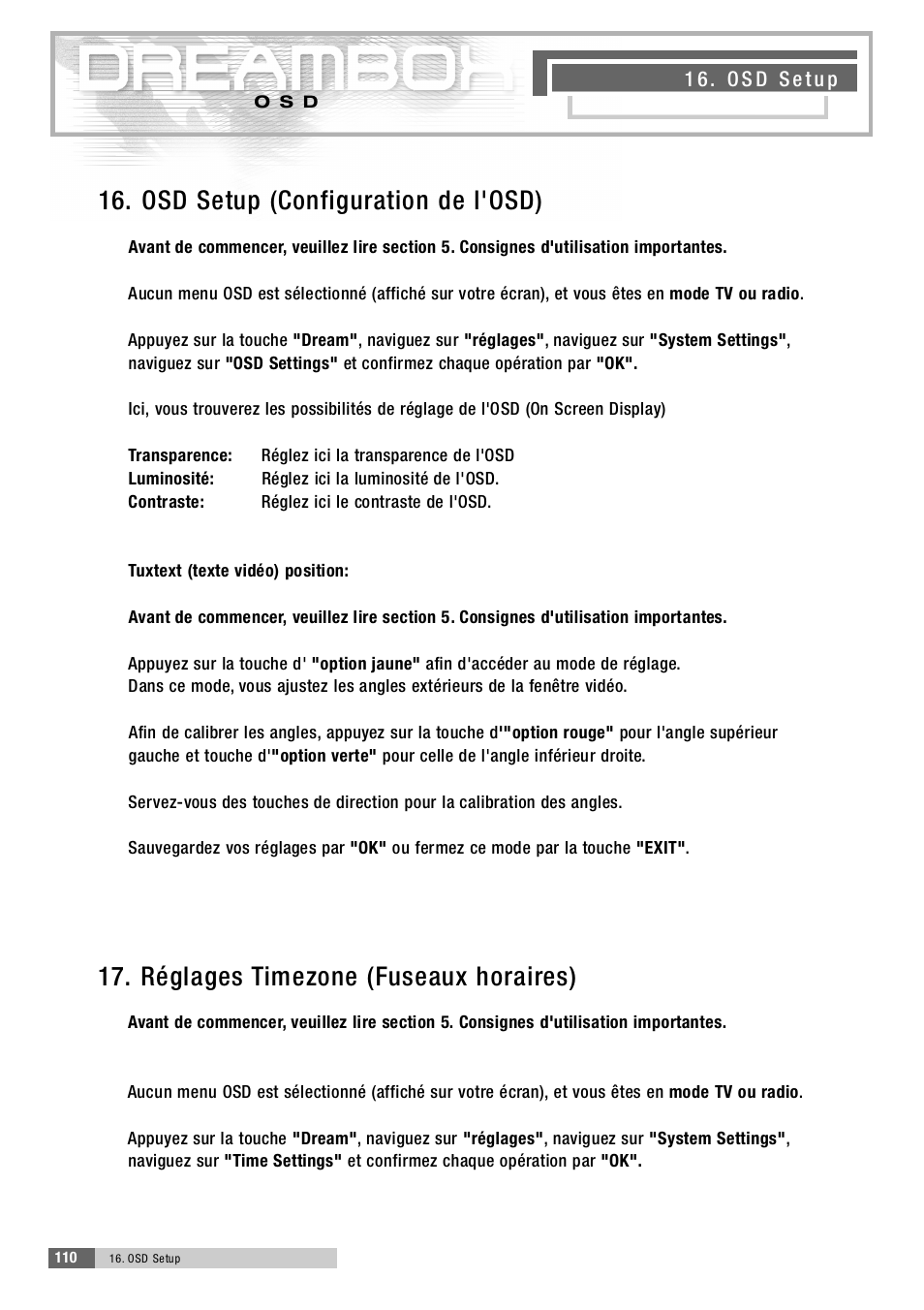 1 6 . osd setup (configuration de l'osd), 1 7 . réglages timezone (fuseaux hora i re s ) | Dream Property DM5600 User Manual | Page 109 / 137