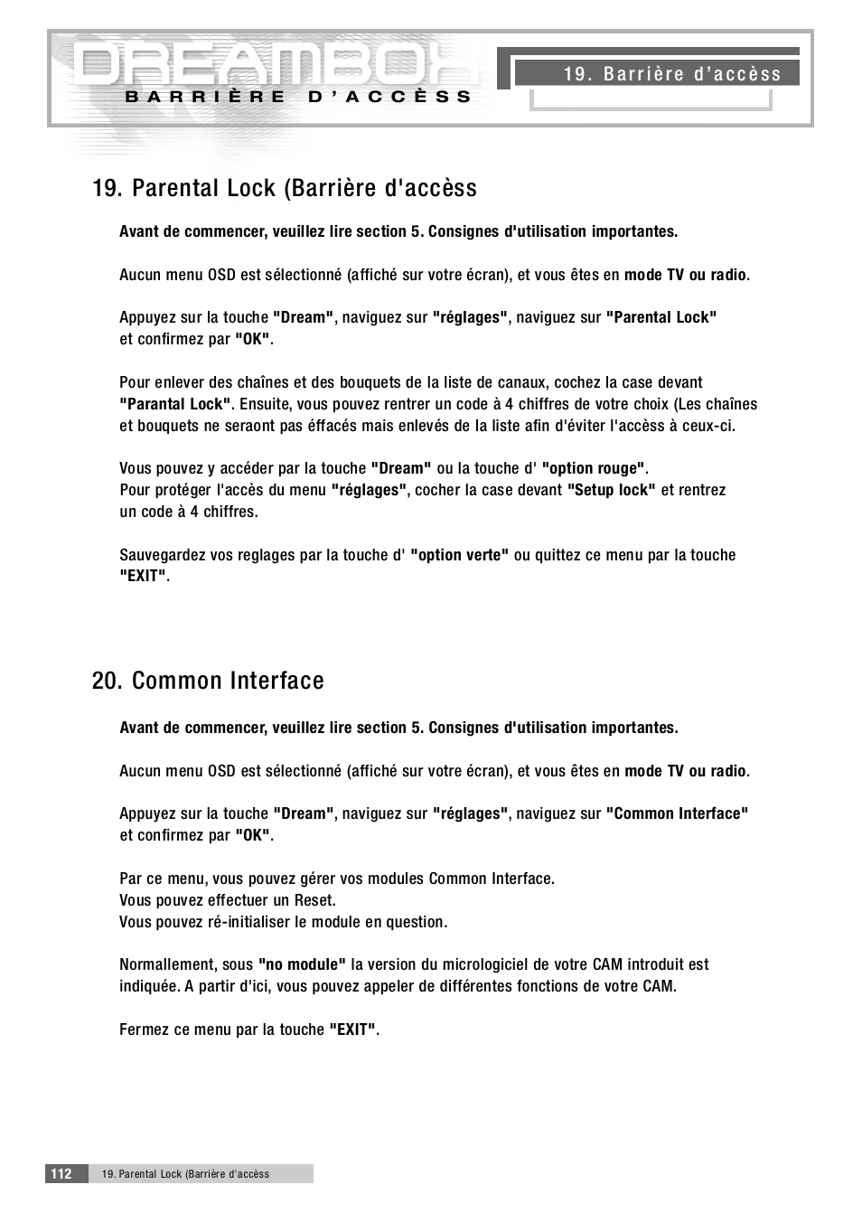 1 9 . p a rental lock (barrière d'accèss, 2 0 . common interface | Dream Property DM5600 User Manual | Page 111 / 137