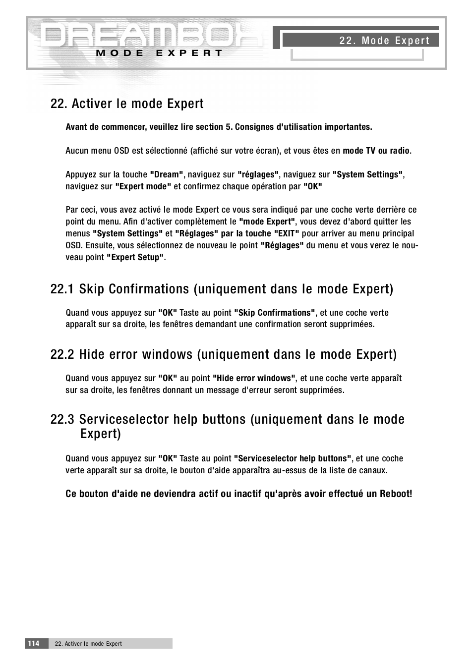 2 2 . activer le mode expert | Dream Property DM5600 User Manual | Page 113 / 137