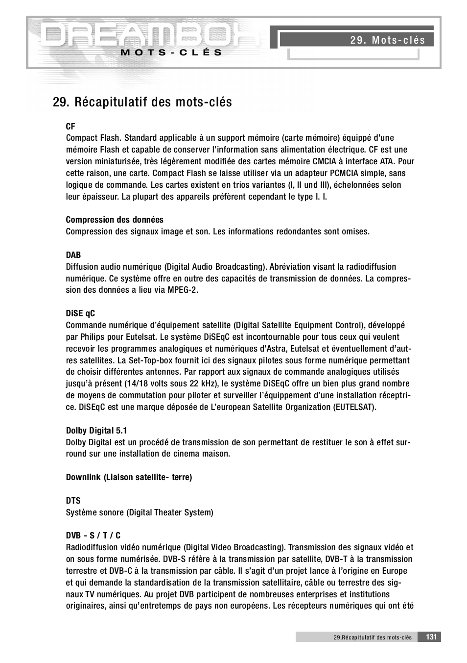 2 9 . récapitulatif des mots-clés | Dream Property DM5600 User Manual | Page 130 / 137